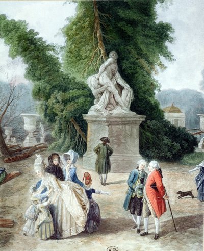 ルイ16世（1754-1793）とマリーアントワネット（1755-1793）、ヴェルサイユの庭園のタピスヴェールの入り口で、1775年（カラー彫刻）（詳細） 作： Hubert Robert